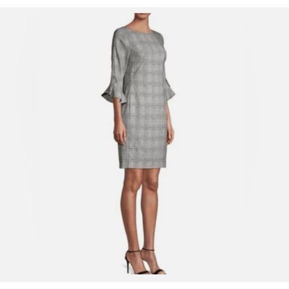 NWT Karl Lagerfeld 3/4 Tulip Sleeve Houndstooth Plaid Sheath Dress Size 2 - Picture 2 of 16